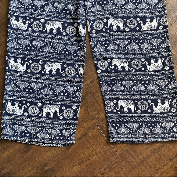 A’GACI Women’s Large Navy & White Ethnic Elephants Wide Leg Boho Hippie Pants - Picture 10 of 11